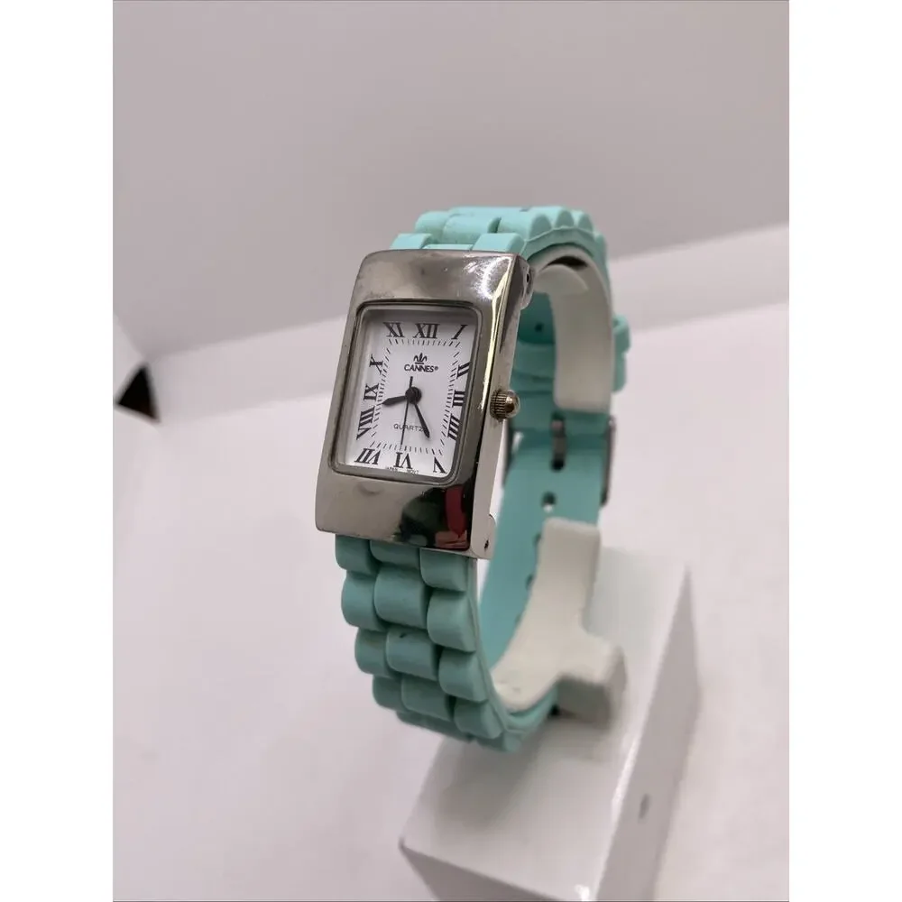 Cannes Womens Silver Teal Band Watch Works New Battery